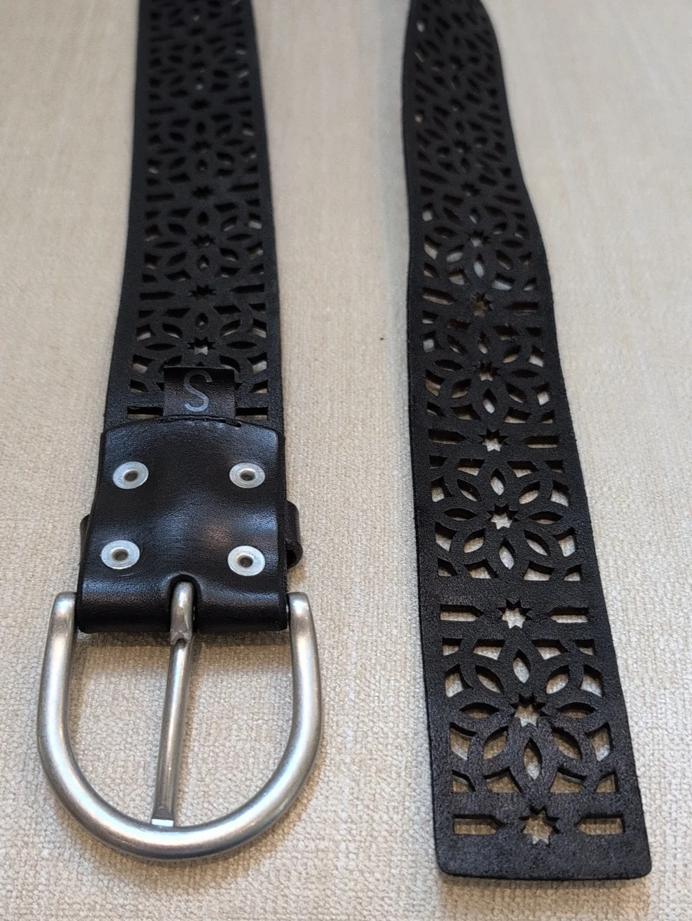 Black Laser-Cut Floral Leather Belt Silver Buckle Adjustable